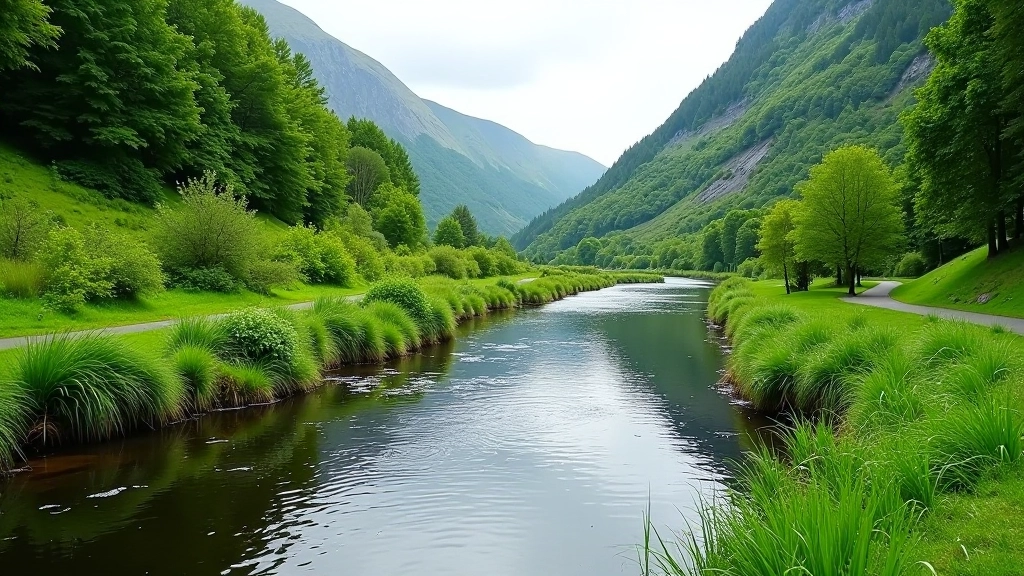 Peaceful river flowing through verdant valley with walking path alongside grassy banks
