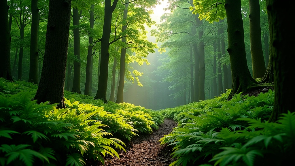 Forest canopy overhead with dappled light filtering through beech and oak trees, ferns visible on forest floor