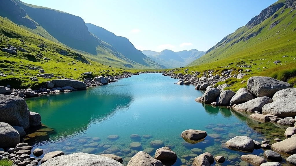 Scenic mountain lake surrounded by rocky peaks and green hillsides in Wicklow valley
