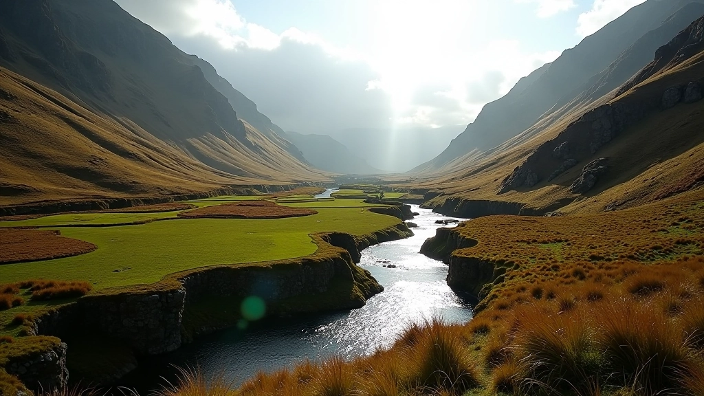 Mountain valley with steep sides, river in distance, afternoon light creating shadows on slopes