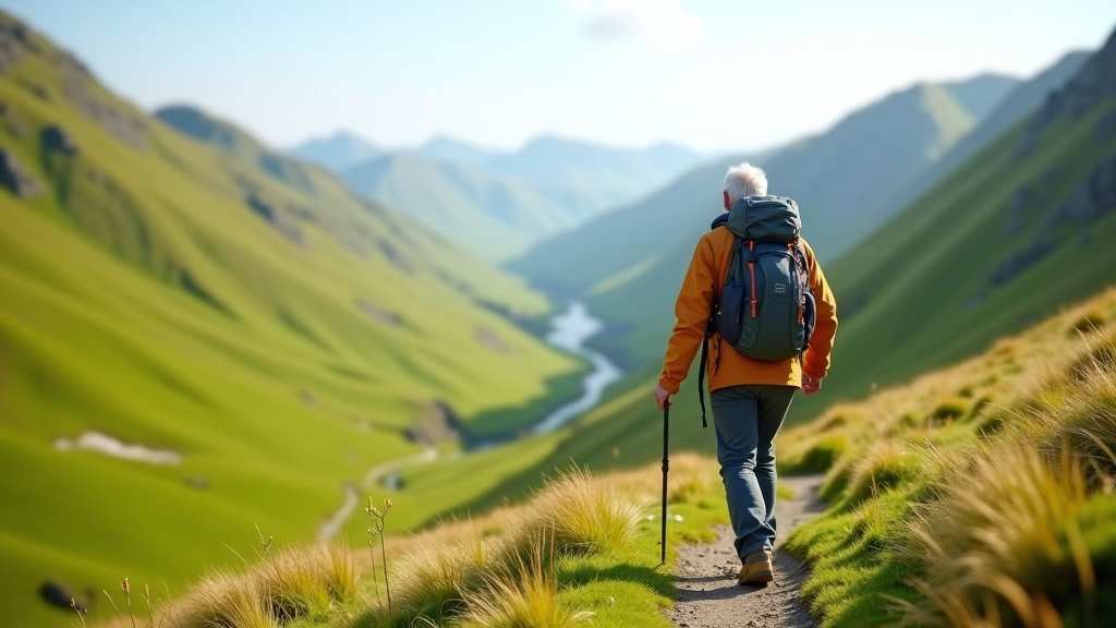 Valley path with green grassland and steep hillsides on both sides, hiker walking on well-defined trail