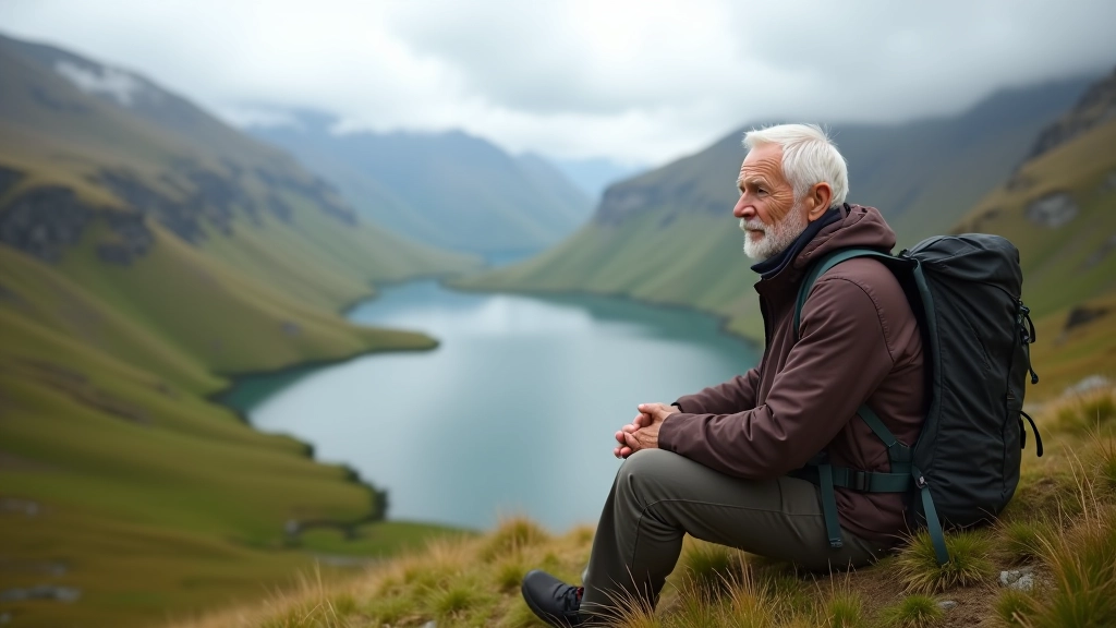 Hiker resting on grassy area near mountain lake with rocky slopes in background