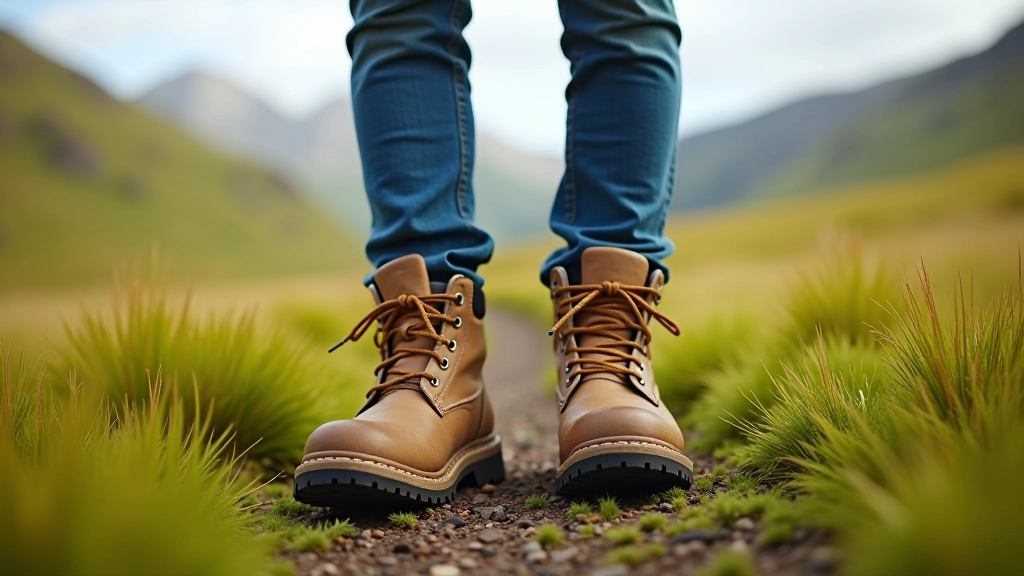 Close-up of hiking boots on flat grassy trail, clear day, trail stretching ahead into valley