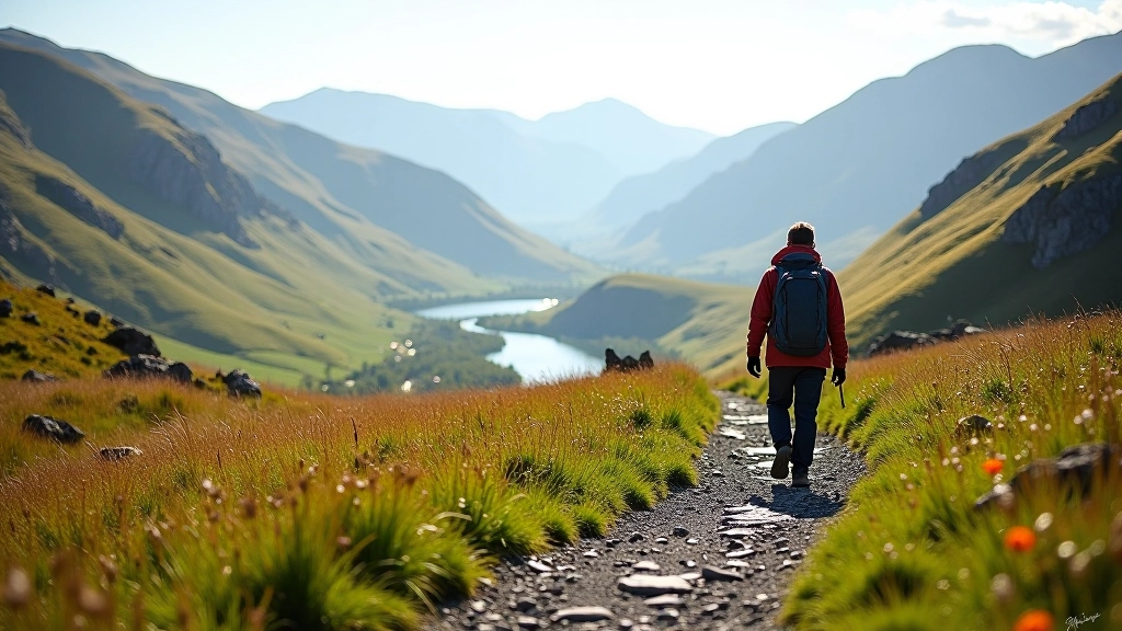 Hiking path along valley floor with river and mountains in background