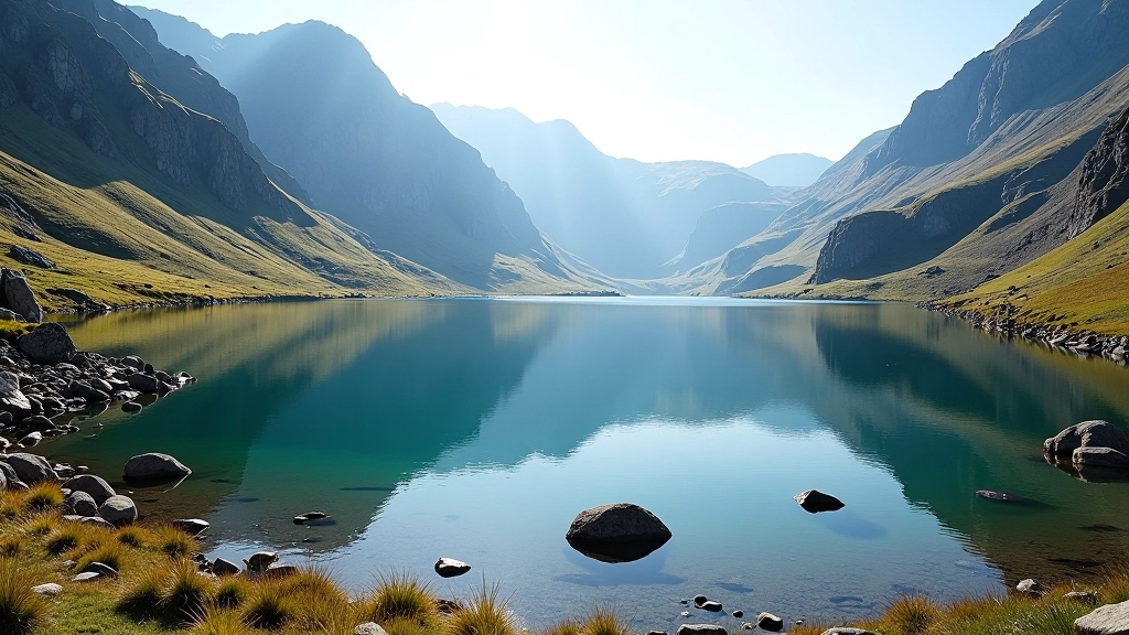 Glacial corrie lake surrounded by steep mountain sides, blue water reflecting peaks, sparse vegetation on slopes