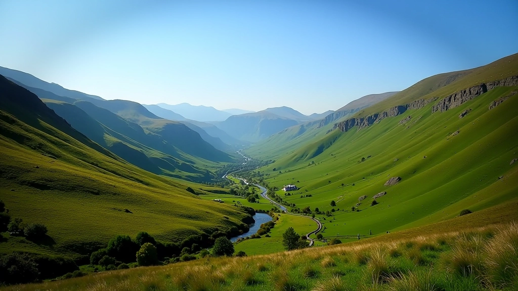 Glenmalure valley landscape with rolling green slopes and mountain vistas under clear sky