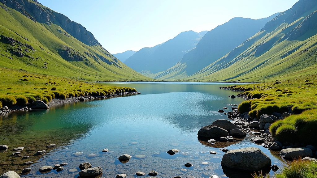 Crystal-clear mountain lake surrounded by rocky basin and grass slopes in glacial valley setting