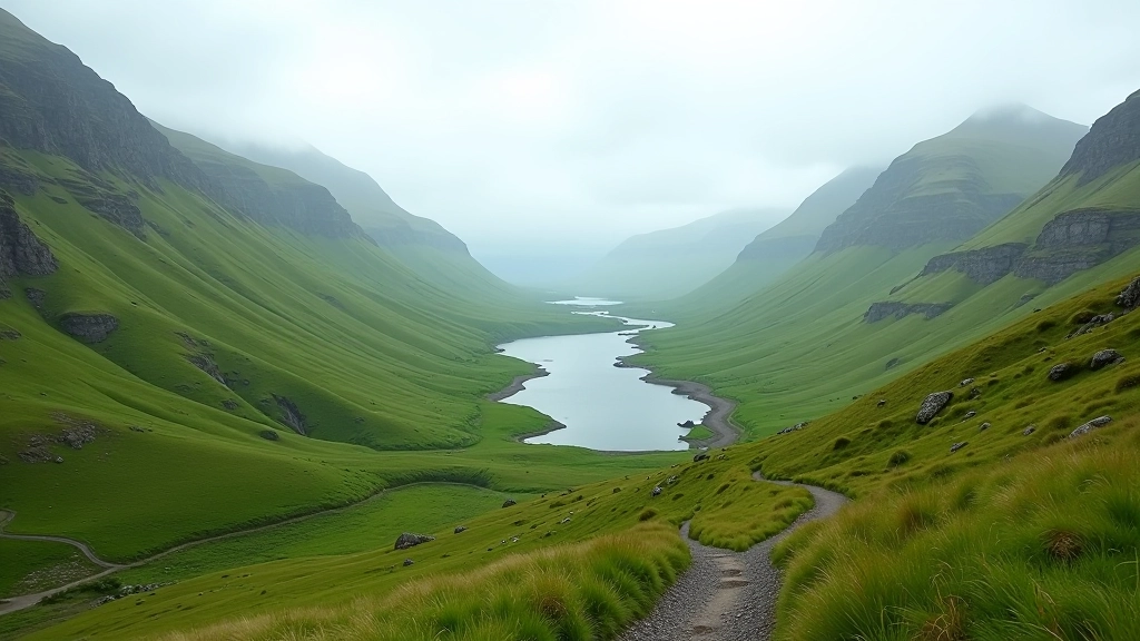 Wide valley view with steep green slopes and distant mountain ridges under partly cloudy sky