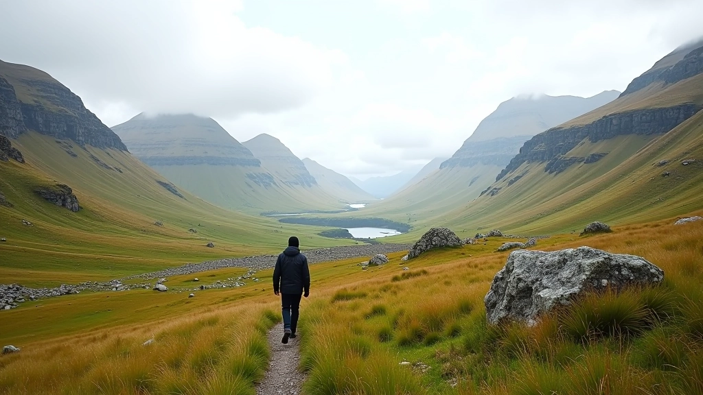 Panoramic mountain valley view with distant peaks, valley floor visible, scattered boulders and grassy terrain