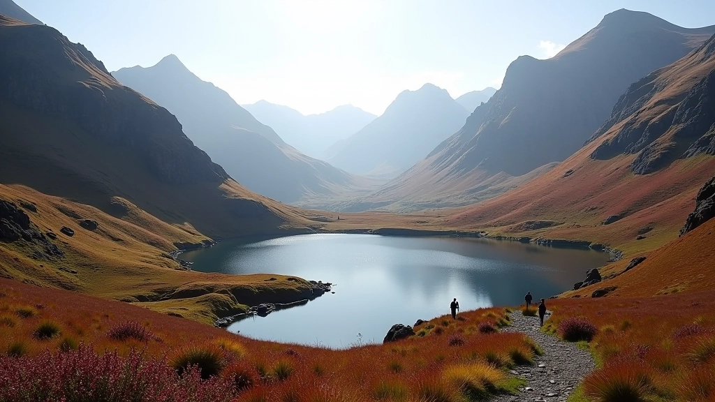Corrie lake nestled in glacial valley with mountain backdrop