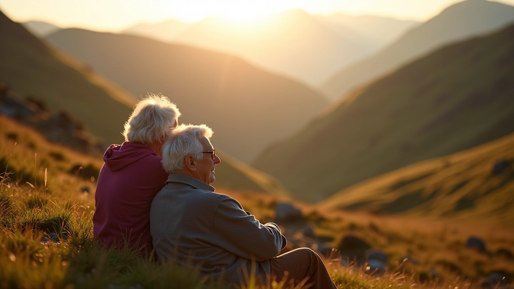 Retired walkers enjoying scenic break on mountain trail with valley landscape view