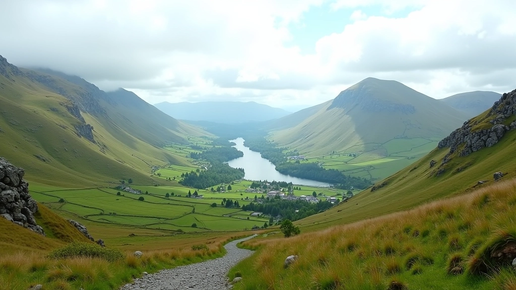 Scenic valley landscape with mountains and walking trails in Wicklow Ireland