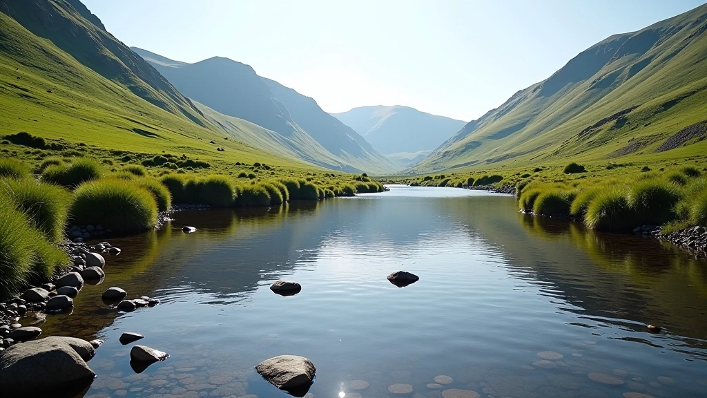 Scenic river pool with rocks, peaceful water surface reflecting sky, valley slopes in background, afternoon light