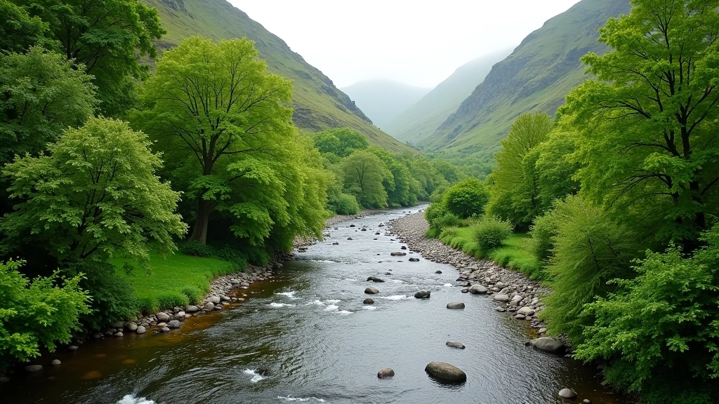 River winding through green valley with native woodland on either bank and walking path alongside the water