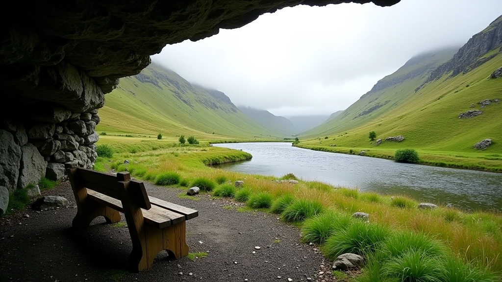 Sheltered valley area with river flowing below and green hillsides, wooden bench visible, overcast sky