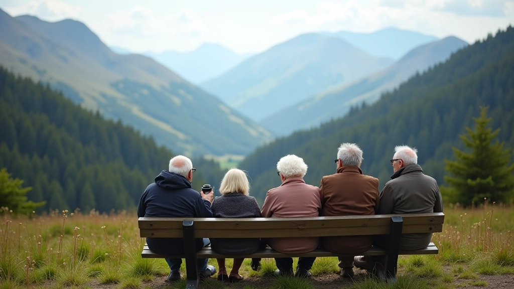 Group of pensioners resting on scenic viewpoint overlooking valley