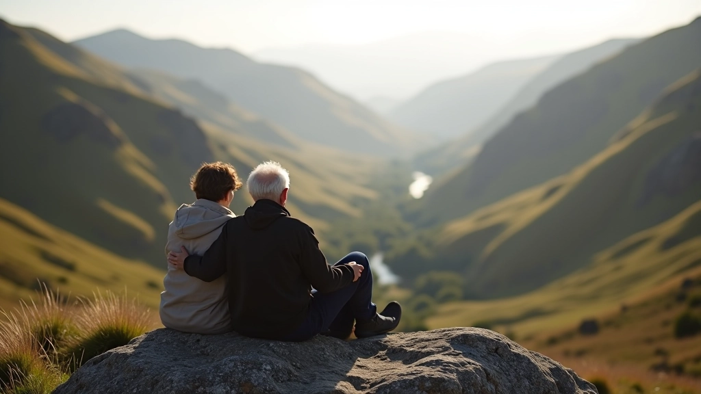Peaceful hiking couple enjoying rest on scenic mountain overlook with valley views below