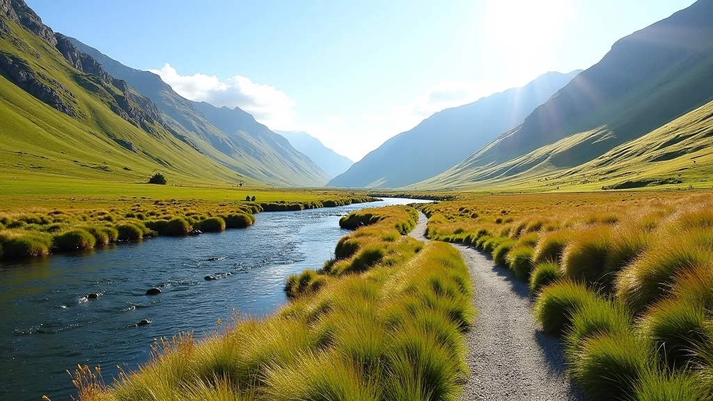 Valley floor trail with river visible on one side and grassy path on the other, sunny day with clear views