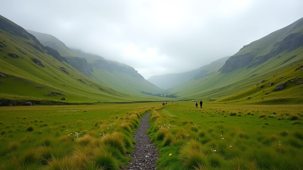Scenic Wicklow mountain valley with winding paths and green hillsides perfect for gentle walking