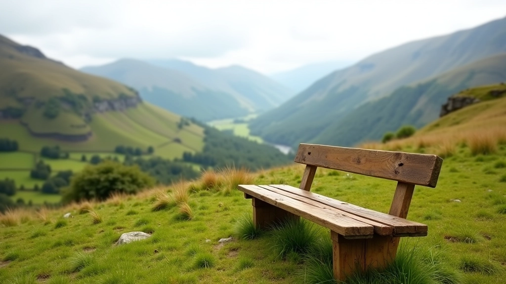 Wooden bench on hillside overlooking valley, green landscape and distant mountains visible