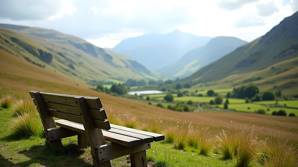 Wooden bench on hillside overlooking pastoral valley with mountains in distance and hiking path